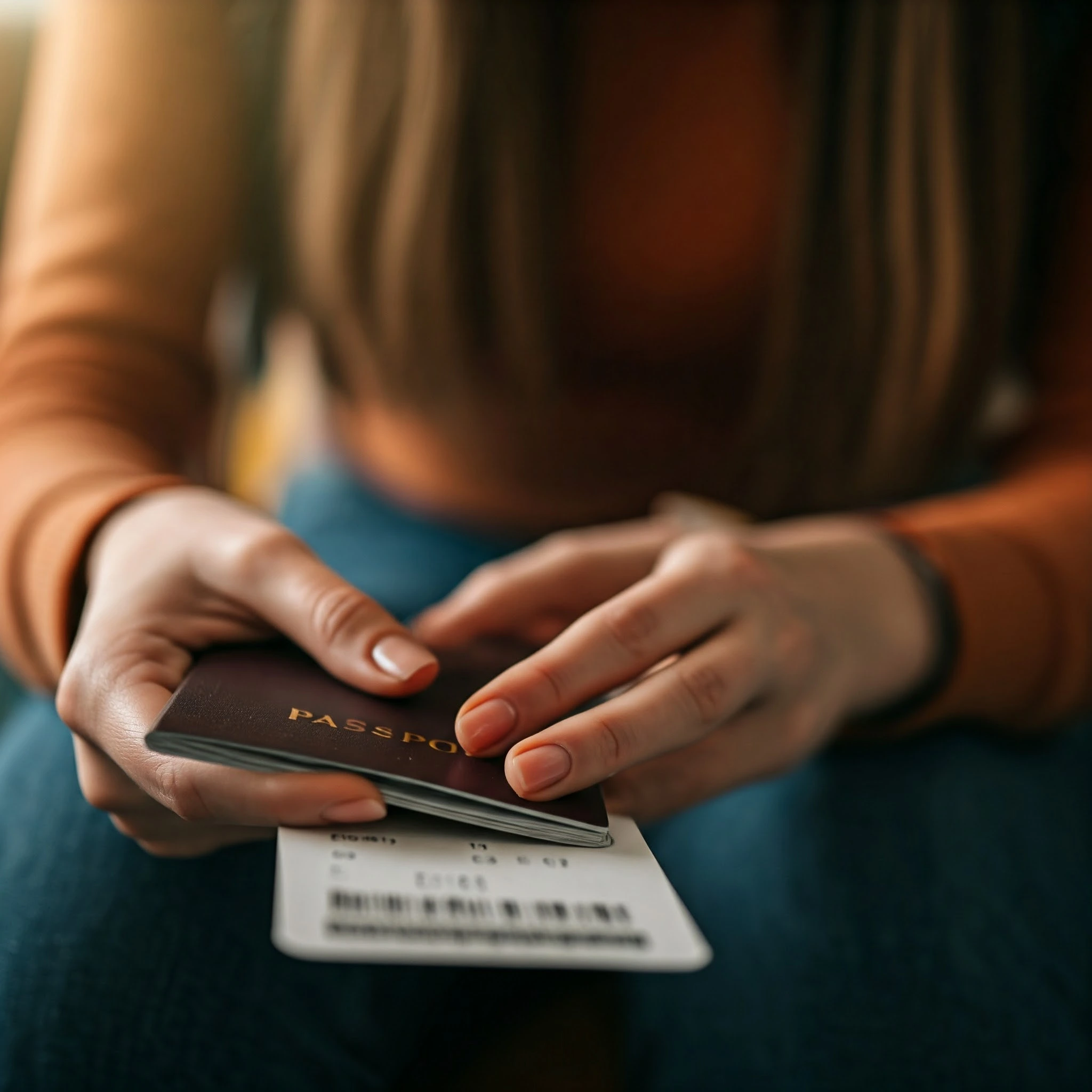 Imagem em close de uma mulher segurando um passaporte e um cartão de embarque, simbolizando o planejamento e preparação para viagens internacionais. Com uma atmosfera intimista e detalhada, é ideal para conteúdos relacionados a documentação de viagem, turismo e dicas para viajantes frequentes.