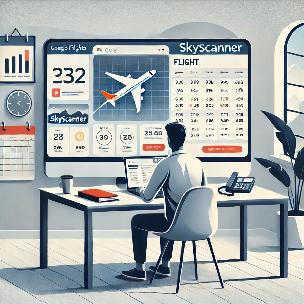 Ilustração moderna de um homem planejando viagens em um ambiente de escritório, usando ferramentas digitais como Skyscanner para comparar voos e datas. Com detalhes como gráficos, calendários e painéis interativos, a imagem destaca a eficiência e praticidade no planejamento de viagens e reservas de passagens aéreas. Ideal para blogs sobre viagens e dicas de economia no turismo.