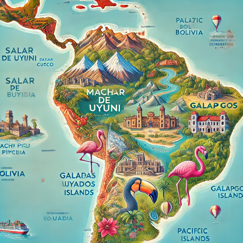 Um mapa interativo com ícones representando pontos turísticos de destaque como Machu Picchu, Salar de Uyuni, Ilhas Galápagos e Cartagena.