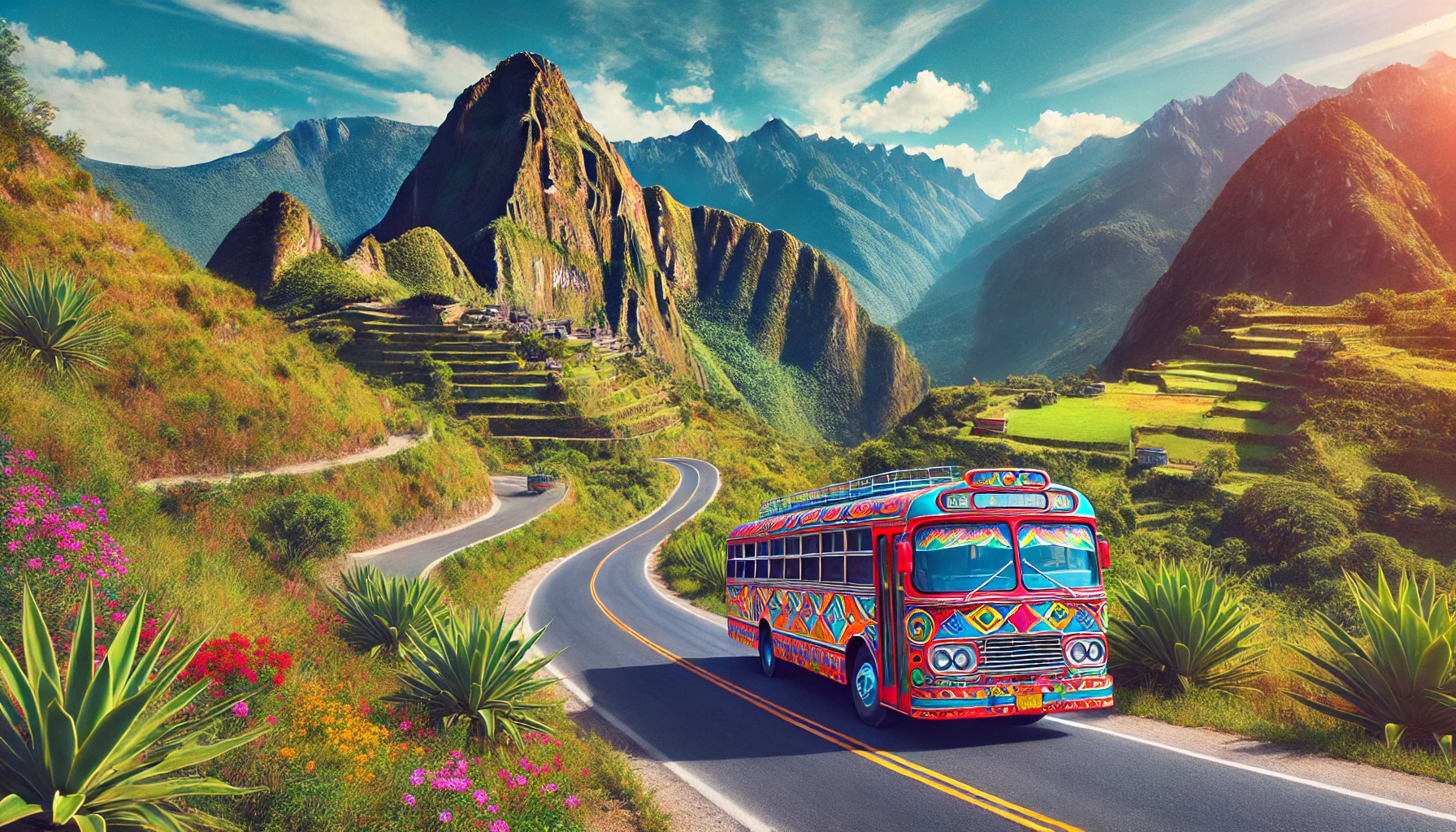 Um ônibus colorido típico da América do Sul atravessando uma estrada de montanha com paisagens deslumbrantes ao fundo.